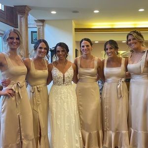 Champagne luxe satin Claire midi dress. Size medium